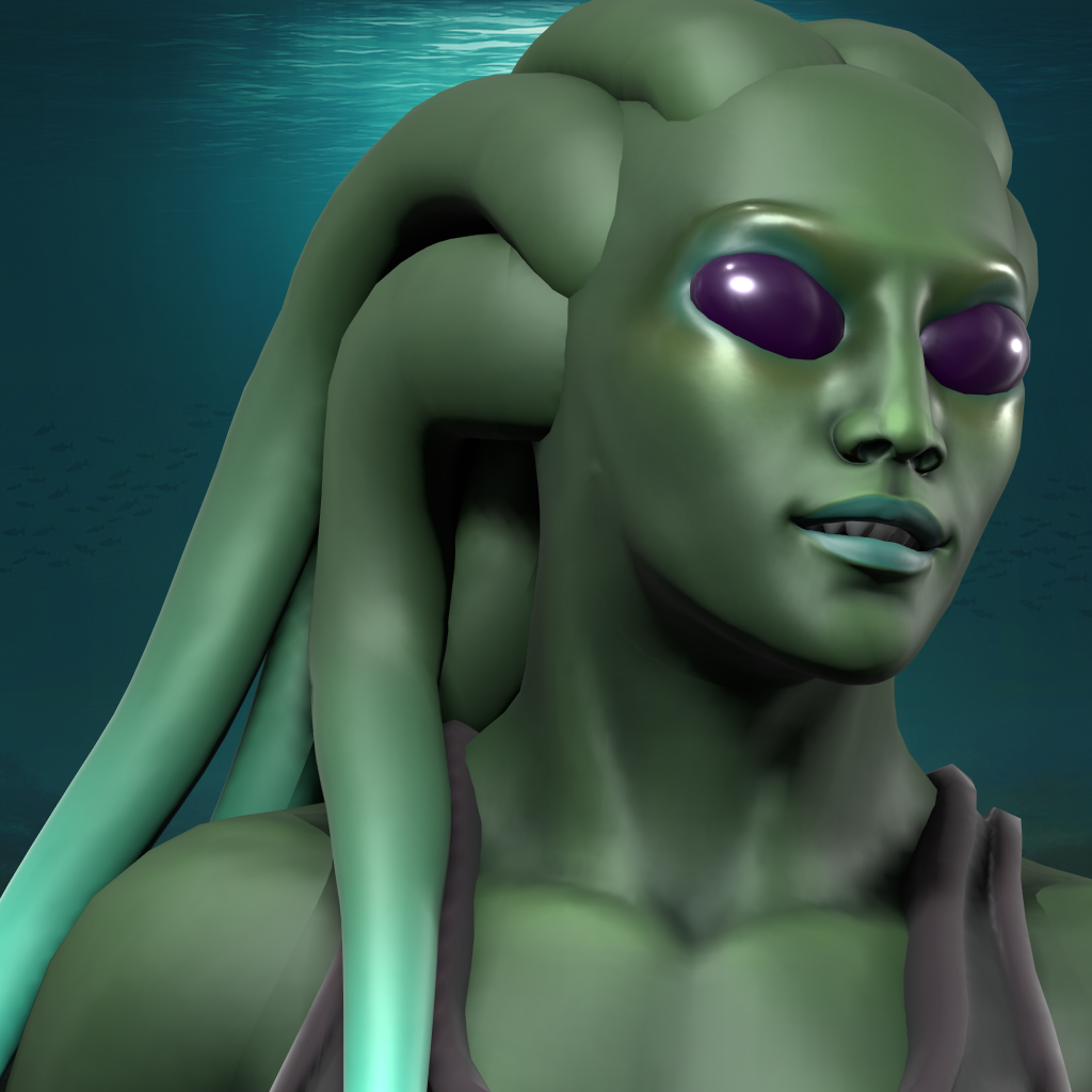Voi, a dark-green skinned Nautolan with glowing teal gradients on his tentacles.